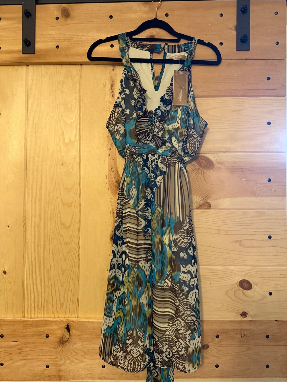 Francesca's Collections Teal and Brown Printed Midi Dress